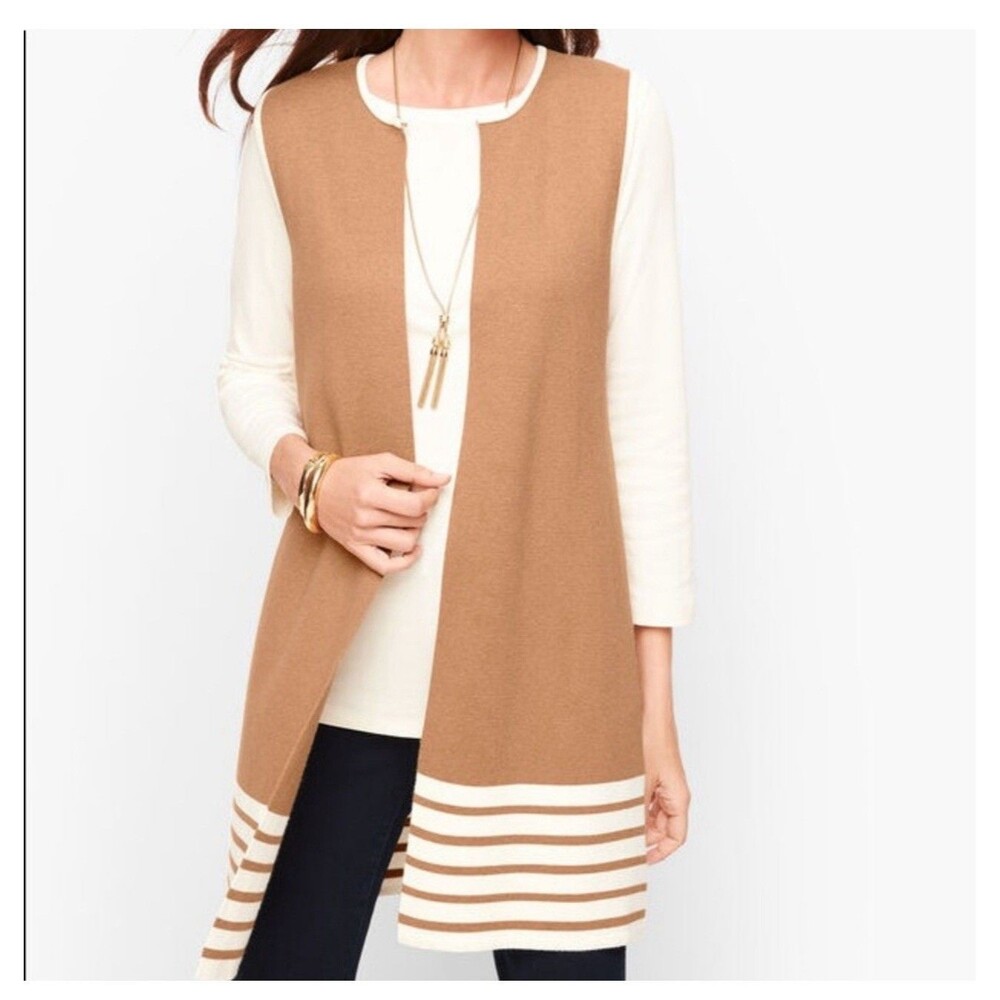TALBOTS Open‎ Front Cardigan Sweater Vest Large Camel Brown Cream NEW Minimalist
